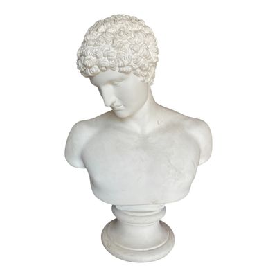 white marble bust of a young man with curly hair