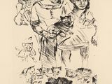 an image of a black and white drawing of people and cats