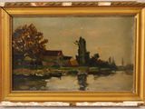 an image of a painting of a river with a house in the background
