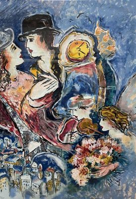 a painting of a man and a woman with a clock