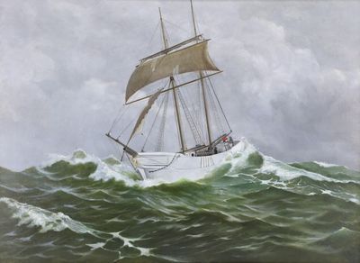 un tableau représentant un voilier au milieu de l'océan
