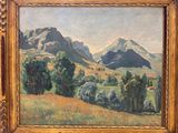 an image of a painting of a landscape with mountains in the background