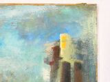 pastel painting of a church with a steeple in the background