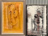 painting of a woman ' s face and a painting of a man ' s face