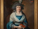 portrait of a woman in a blue dress with a white shawl and a book