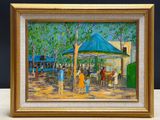 peinture à l'huile encadrée représentant une scène de marché avec des personnes devant un étal