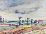 an image of a painting of a field with a house and trees in the distance