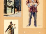 three watercolor paintings of a man and a woman standing in front of a building