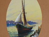 a picture of a painting of a sailboat in the water