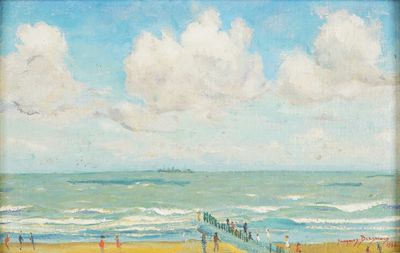 tableau représentant une scène de plage avec des personnes sur le sable et un bateau dans l'eau