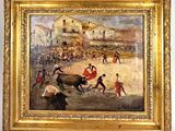 an oil painting of a bullfight scene with a bull chasing a bull