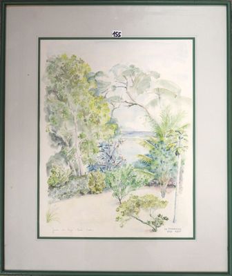 framed watercolor painting of a view of a lake and trees