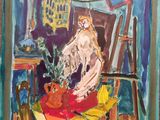 an image of a painting of a woman sitting at a table in front of a birdcage