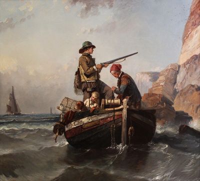 a painting of a man in a boat with two men on it