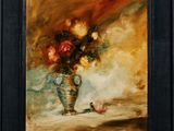 an oil painting of a vase with flowers in it on a table