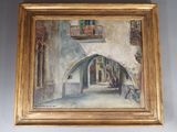 une peinture à l'huile représentant un immeuble avec un balcon et un balcon