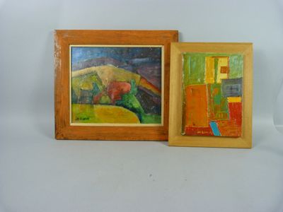 two paintings of different colors and shapes are displayed on a white surface