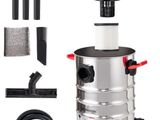 a silver vacuum with a red handle and a black hose