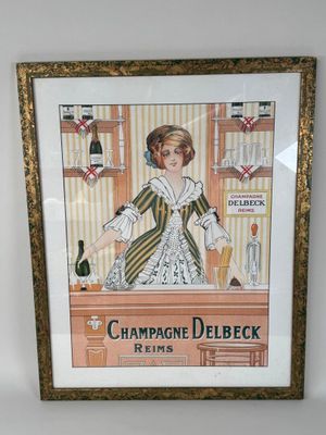 tableau représentant une femme derrière un comptoir, tenant une bouteille de champagne