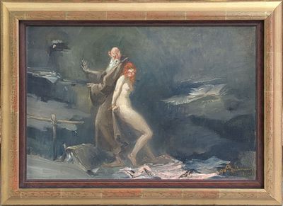 tableau représentant un homme et une femme dans un bateau sur un plan d'eau