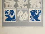 a blue and white drawing of animals on a gray background