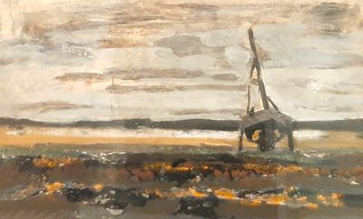 a painting of a boat in the water on the beach