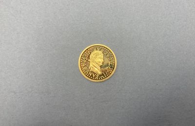 gros plan d'une pièce d'or sur une surface grise