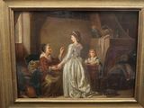 an old painting of a woman and two children in a room
