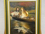a painting of two people in a boat on the water