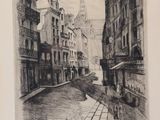 drawing of a street with buildings and a clock tower in the background