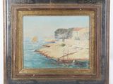 an oil painting of a beach scene with boats in the water