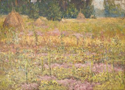 un tableau représentant un champ avec des meules de foin en arrière-plan