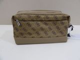 beige and brown toiletry bag with a bicycle pattern on it