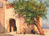 une peinture à l'huile représentant un bâtiment devant lequel se trouve un arbre