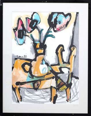 a picture of a painting of a cat and a dog on a table