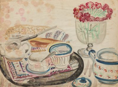 un tableau représentant une assiette de nourriture et un vase de fleurs