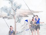 chinese painting of a group of people on a hill with a tree in the foreground