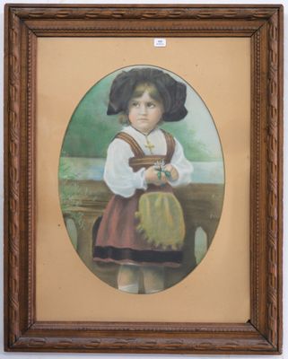 painting of a little girl in a dress and hat holding a bag