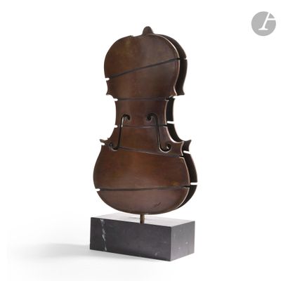 sculpture of a violin on a marble base on a white background