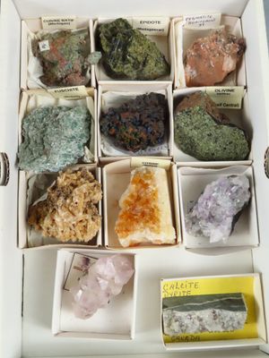 une boîte remplie de différentes sortes de roches et de minéraux