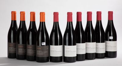 six bottles of red wine lined up in a row