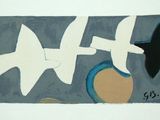a picture of a painting with birds flying over it