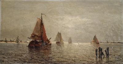 une peinture représentant un groupe de voiliers sur l'eau