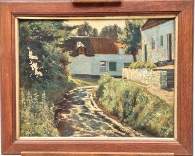 an image of a painting of a country road with a house in the background