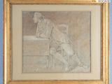 dessin représentant un homme assis sur une chaise dans une pièce aux murs bleus