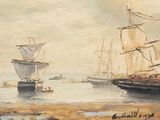 a painting of two ships in a body of water