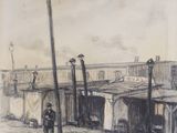 dessin représentant un homme debout devant un immeuble, à côté d'un lampadaire