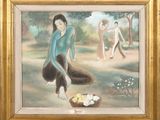 une peinture à l'huile représentant une femme à genoux, avec un panier de fleurs devant elle