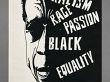 a black and white poster with a man ' s face on it