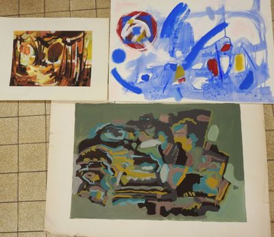 three paintings on a tile floor one is blue and the other is yellow